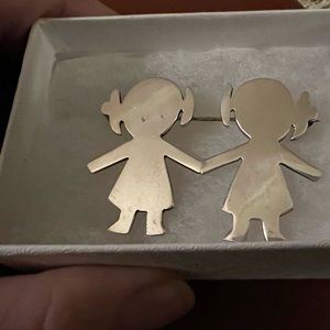 Vintage Silver twin girl brooch, lapel pin, from Taxco Mexico